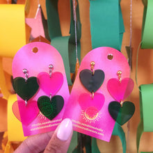 Load image into Gallery viewer, "Frenemies" Pink and Green Heart Dangle Earrings