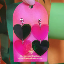 Load image into Gallery viewer, "Frenemies" Pink and Green Heart Dangle Earrings