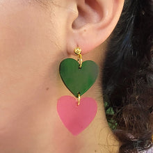 Load image into Gallery viewer, "Frenemies" Pink and Green Heart Dangle Earrings