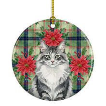 Load image into Gallery viewer, Norwegian Forest Cat Gray and White Cat with Poinsettias Ceramic Ornament