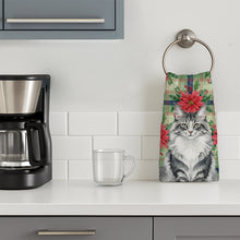 Load image into Gallery viewer, Norwegian Forest Cat Gray and White Cat with Poinsettias Kitchen Towel