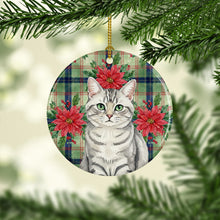 Load image into Gallery viewer, Silver Mackerel Tabby Cat with Poinsettias Ceramic Ornament