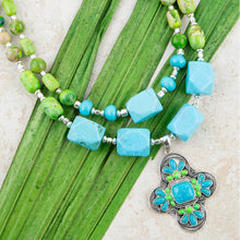 Load image into Gallery viewer, Zion Lime Green and Blue Turquoise and Sterling Silver Statement Necklace